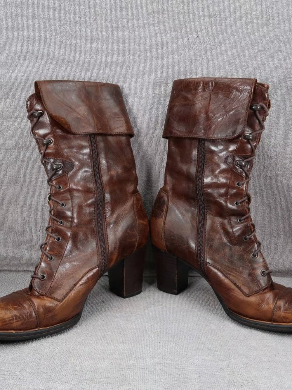 Born Brown Leather Lace Up Fold Over Side Zip Heeled Combat Moto Boot - 9.5 - Picture 14 of 16